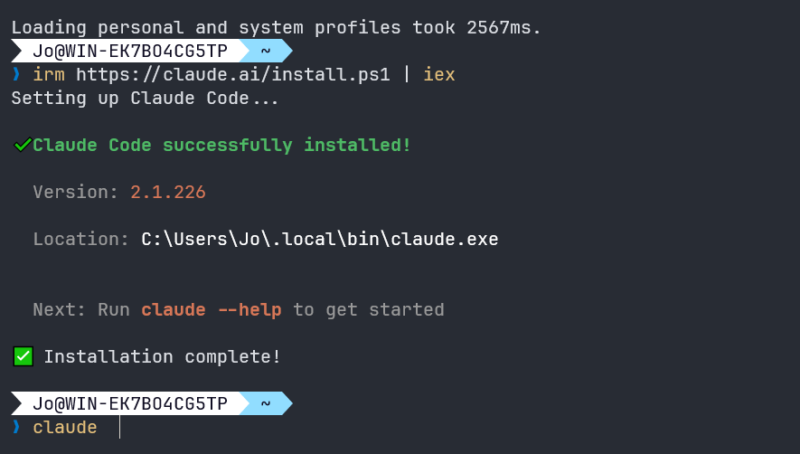Terminal showing Claude Code installed successfully