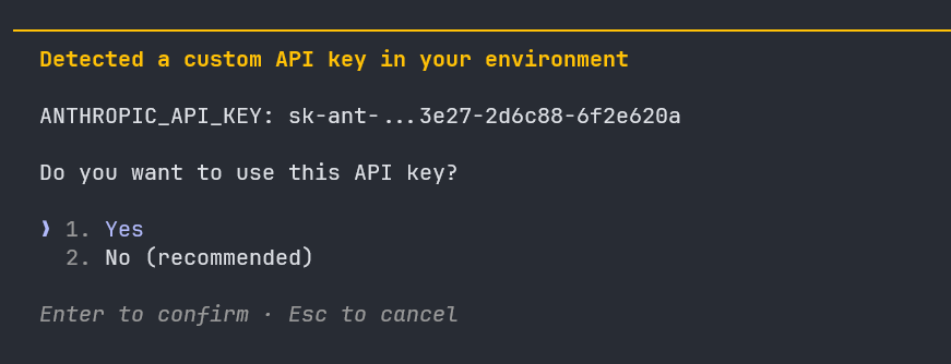 Claude Code prompt asking to confirm the custom API key