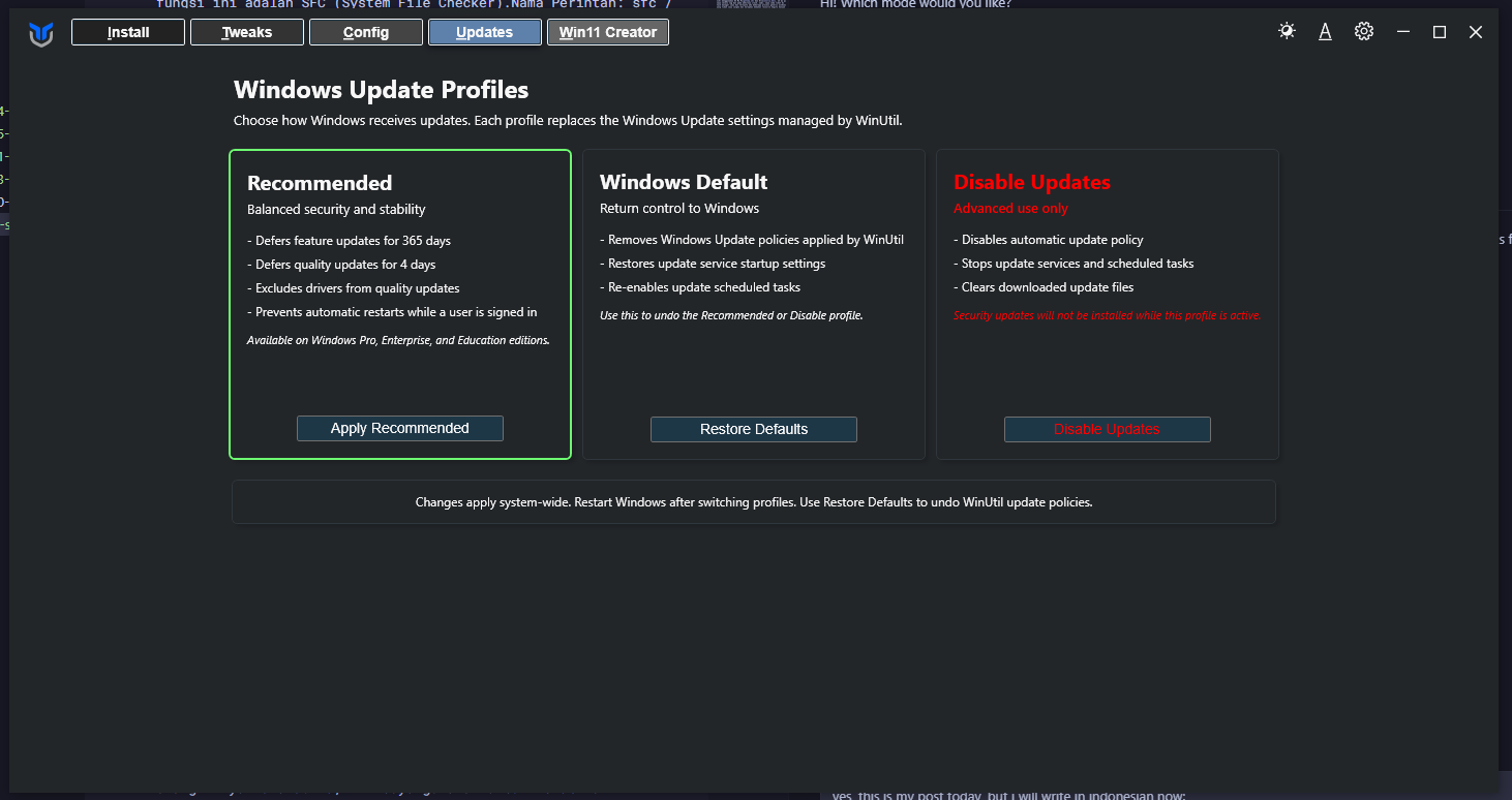 Chris Titus Windows Utility showing update-related settings