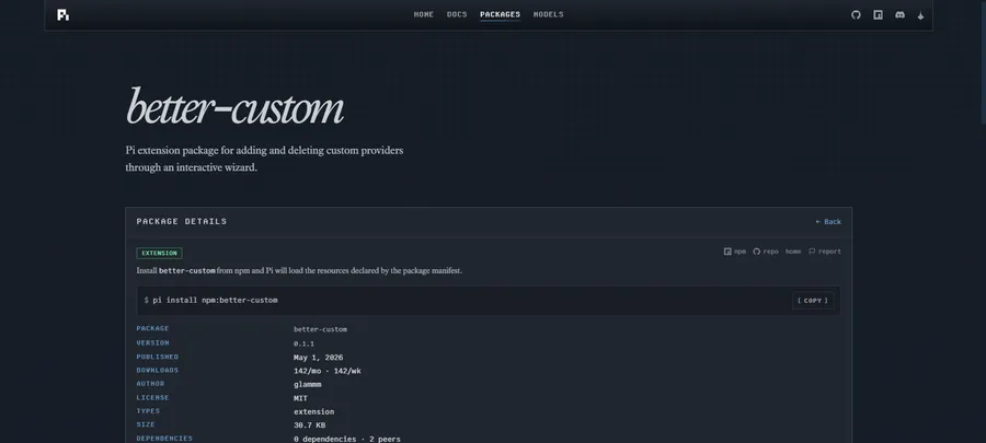 Pi.dev Packages page showing the better-custom package for adding custom providers